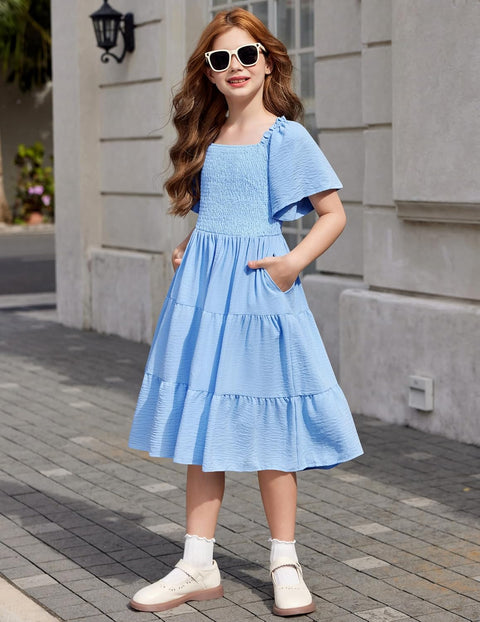 Arshiner Girls Dress Boho Smocked Swing Flowy Ruffle Midi Dresses