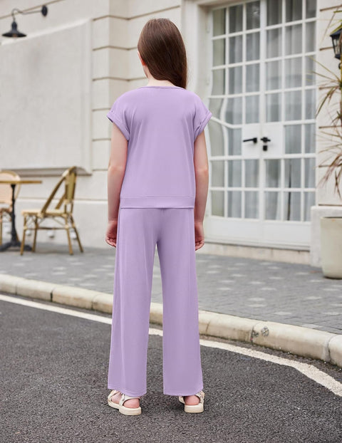 Arshiner Girls 2 Piece Outfits Twist-Front Top and Ribbed Wide Leg Pants Set