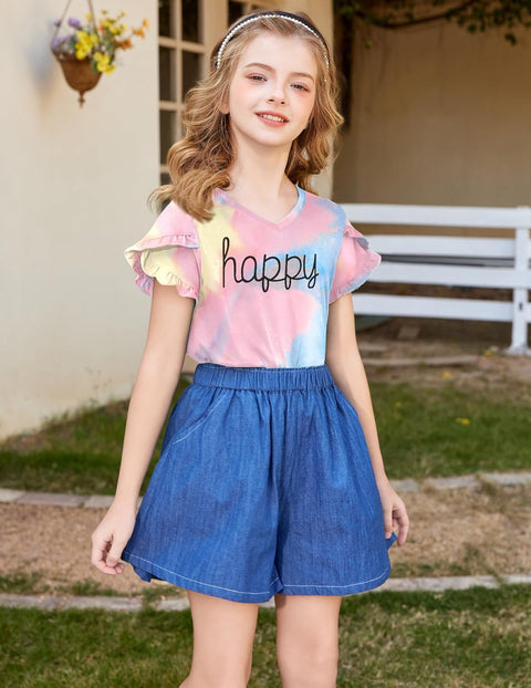 Arshiner Girls T Shirts Double Layer Ruffle Short Sleeve V Neck Tops Tee