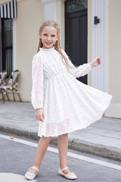 Arshiner Girls Dress Long Sleeve Swiss Dot Ruffle Collar Flowy A-Line Party Dress for Kids 5-13Y