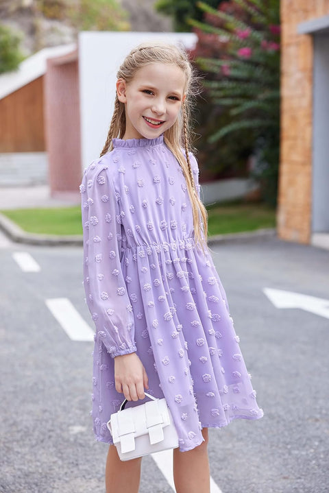 Arshiner Girls Dress Long Sleeve Swiss Dot Ruffle Collar Flowy A-Line Party Dress for Kids 5-13Y