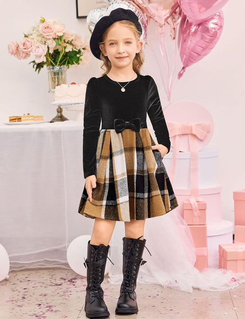 Arshiner Girls Dresses Velvet Plaid Patchwork Party Dress