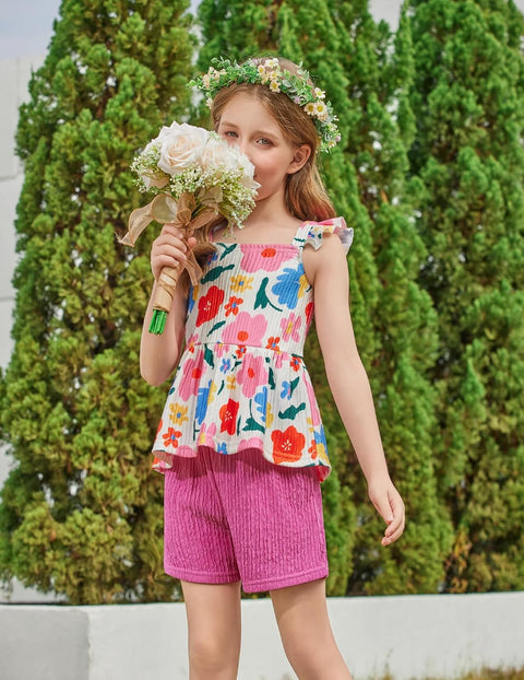 Arshiner Toddler Girl Clothes 2 Piece Summer Outfit Ruffle Sleeveless Top and Shorts Set with Pockets 2-7Y