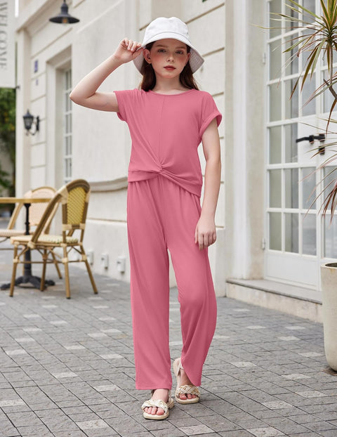 Arshiner Girls 2 Piece Outfits Twist-Front Top and Ribbed Wide Leg Pants Set