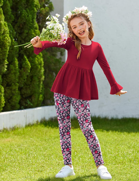 Arshiner Girls 2 Piece Set Floral Ruffle Hem Bell Sleeve Top and Leggings