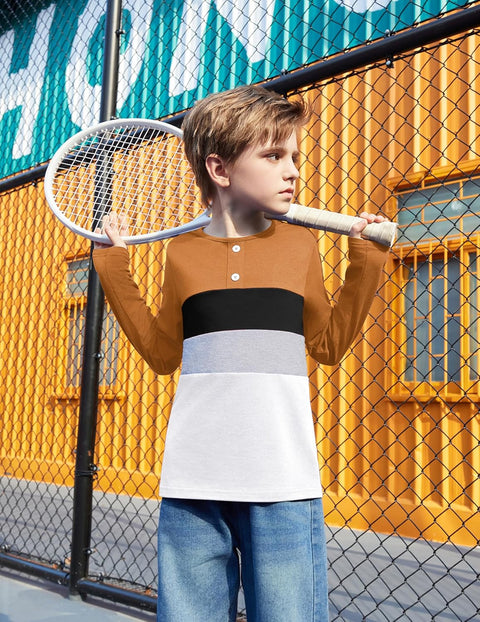 Arshiner Kids Boys Henley Shirts Cotton Long Sleeve T-Shirts Color Block Tee