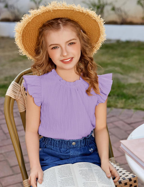 Arshiner Girls Ruffle Short Sleeve Shirts Frill Neck Pleated Blouse Tops