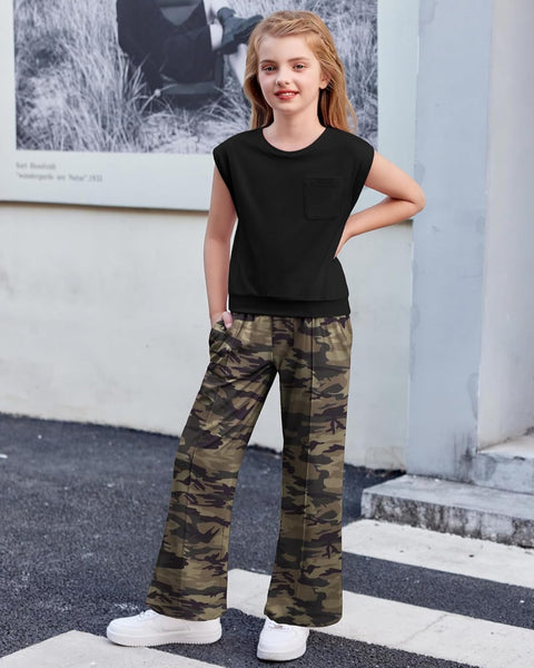 【6-14Y】Arshiner Girls 2 Piece Sets Drop Shoulder Sleeve Top and Wide Leg Pants