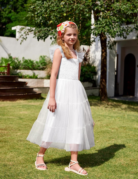 Arshiner Tween Girls Dress Ruffle Sleeve Elastic Straps Smocked Tulle Sundress