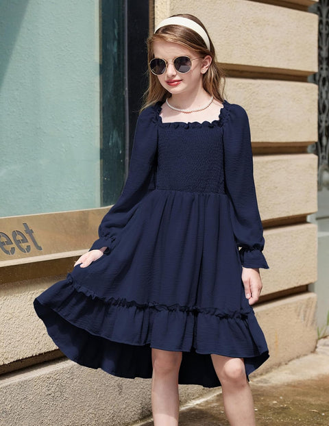 Arshiner Girls Dresses Puff Long Sleeve Fall Winter Smocked Swing Midi Dress