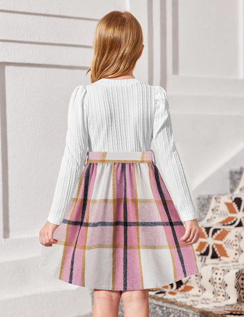 Arshiner Girls Dresses Puff Long Sleeve Rib Knit Plaid Belted Dress