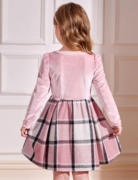 Arshiner Girls Dresses Velvet Plaid Patchwork Party Dress