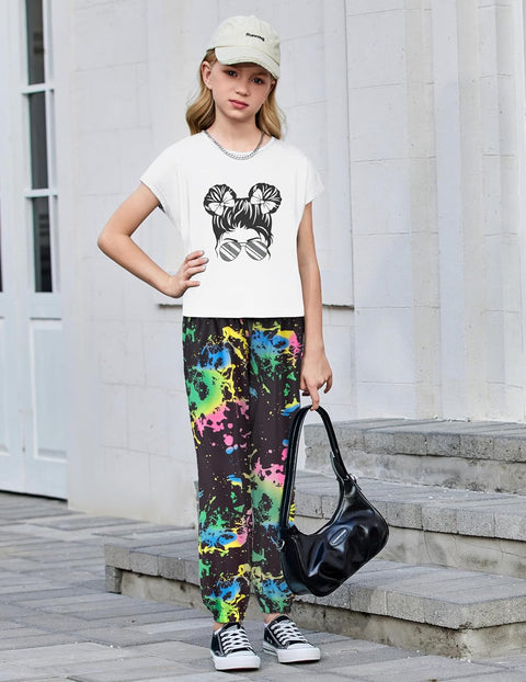 【6-14Y】Arshiner Girls 2 Piece Sets Drop Shoulder Top Sweatpants Jogger