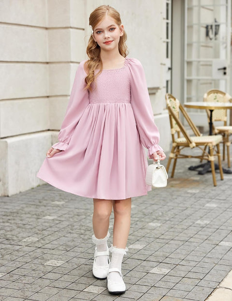 Arshiner Girls Long Sleeve Smocked Skater Elegant Dress with Pockets