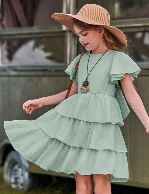 Arshiner Girls Dresses Elegant Ruffle Short Sleeve Back Tie Tiered Dresses