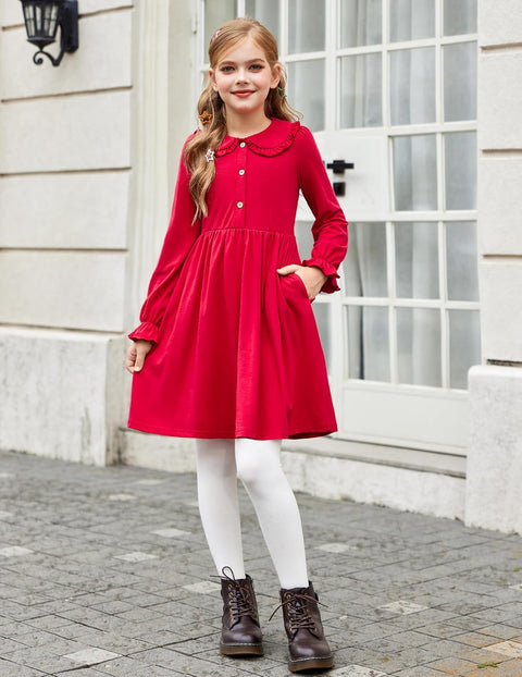 Arshiner Girls Long Sleeve Dress Ruffle Cotton Dresses