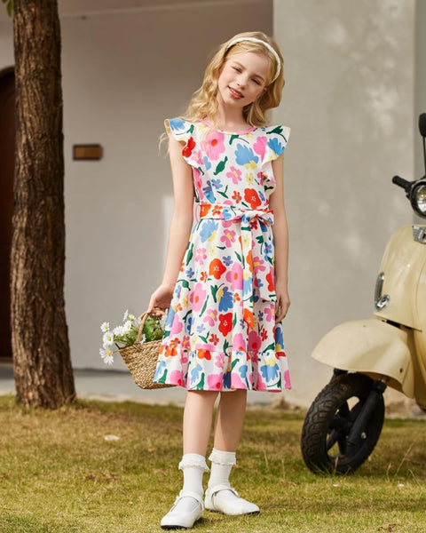 Arshiner Girls Belted Pockets Flutter Sleeve A-line Dresses