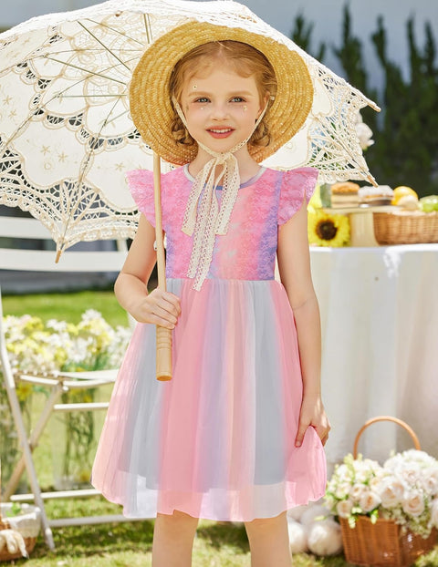 【2-8Y】Arshiner Toddler Lace Tutu Dresses Ruffle Sleeve 3 Layers Tulle Flower Dress