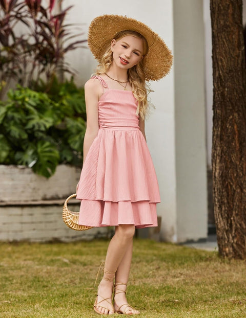 Arshiner Girls Dresses Flowy Tiered Ruched Smocked Back Midi Sundress
