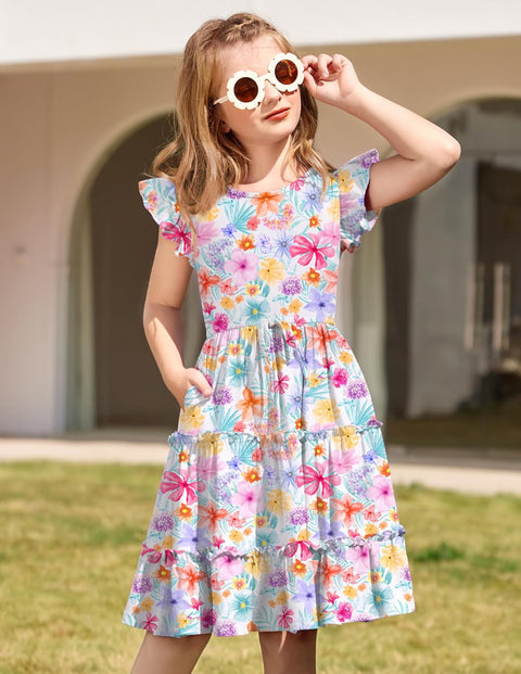 Arshiner Girl's Dress Ruffle Sleeve Tiered Dresses with Pockets 5-12 Years