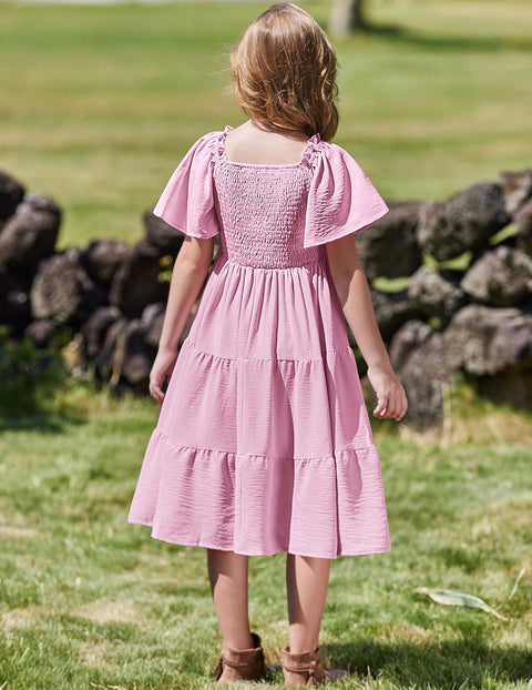 Arshiner Girls Dress Boho Smocked Swing Flowy Ruffle Midi Dresses