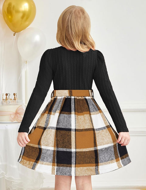 Arshiner Girls Dresses Puff Long Sleeve Rib Knit Plaid Belted Dress