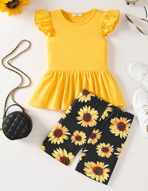 Arshiner Girls 2 Piece Outfit Ruffle Sleeve Peplum Top And Biker Shorts Set