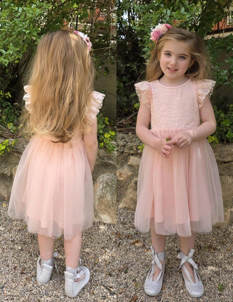 【2-8Y】Arshiner Toddler Lace Tutu Dresses Ruffle Sleeve 3 Layers Tulle Flower Dress