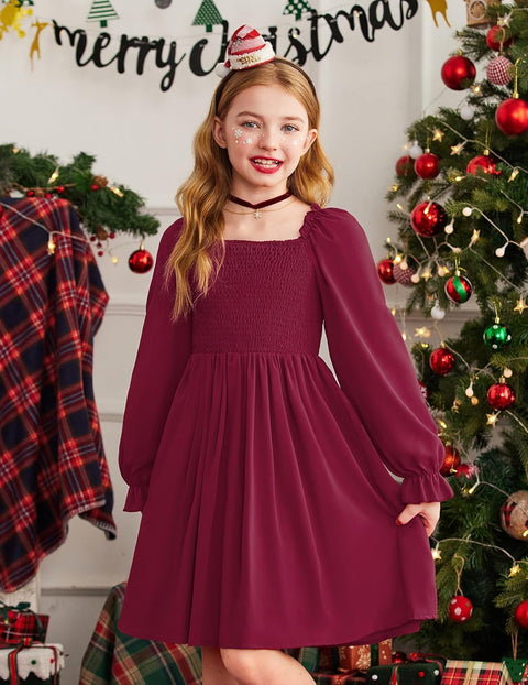 Arshiner Girls Long Sleeve Smocked Skater Elegant Dress with Pockets