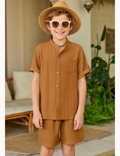 Arshiner Boy's 2 Piece Outfit Short Sleeve Textured Shirt and Short Sets