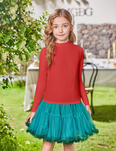 Arshiner Girls Lettuce Trim Mock Neck Ribbed Knit Tops