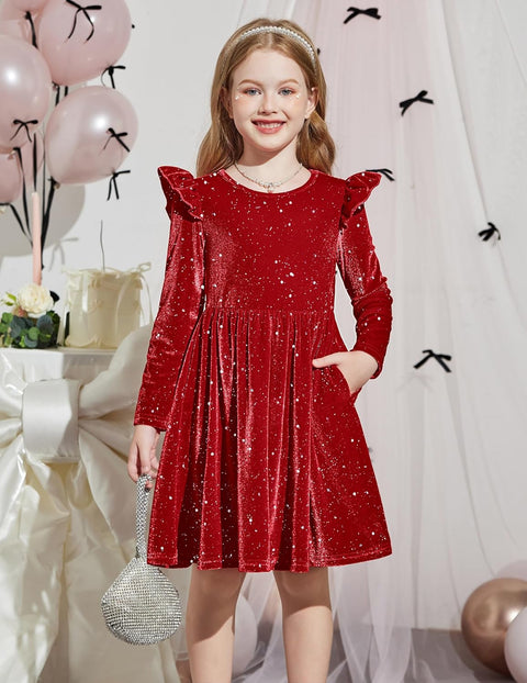 Arshiner Toddler Velvet Dress Little Girls Ruffle Dresses