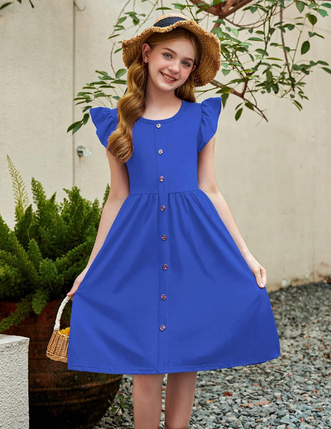 Arshiner Girls Dress Flutter Sleeve A-Line Button Down Sundress