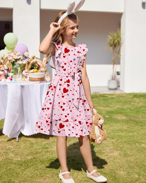 Arshiner Girls Belted Pockets Flutter Sleeve A-line Dresses