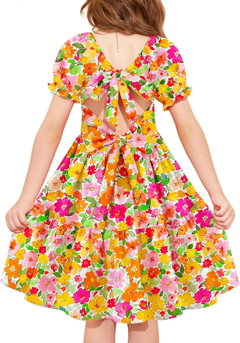 Arshiner Girls Dress Tie Back Short Sleeve Square Neck Tiered Midi Dresses