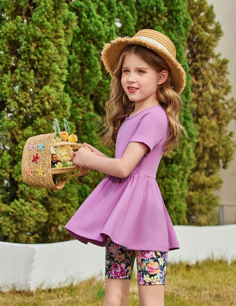 Arshiner Girls Summer Outfits Short Sleeve Ruffle Hem Top and Biker Shorts Set Girl Clothes 6-14 Years