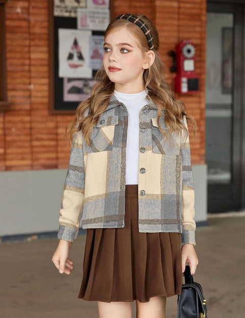 Arshiner Girls Flannel Cropped Shacket Plaid Jacket