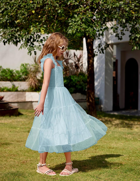 Arshiner Tween Girls Dress Ruffle Sleeve Elastic Straps Smocked Tulle Sundress