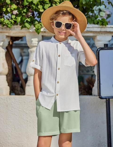 Arshiner Boy's 2 Piece Outfit Short Sleeve Textured Shirt and Short Sets