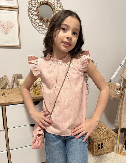 Arshiner Girls Ruffle Short Sleeve Shirts Frill Neck Pleated Blouse Tops