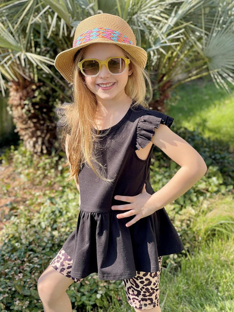 Arshiner Girls 2 Piece Outfit Ruffle Sleeve Peplum Top And Biker Shorts Set