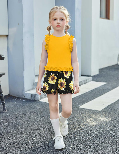 Arshiner Toddler Girls Clothes Ribbed Knit Ruffle Sleeveless Tops and Shorts with Pockets Cute Summer 2 Pieces Short Sets
