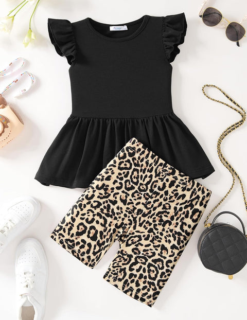 Arshiner Girls 2 Piece Outfit Ruffle Sleeve Peplum Top And Biker Shorts Set