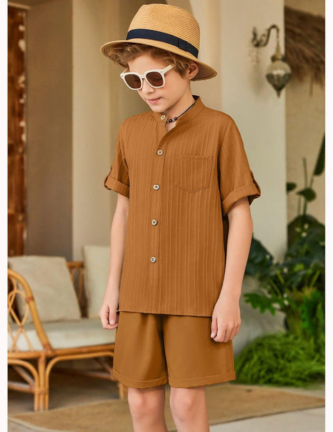 Arshiner Boy's 2 Piece Outfit Short Sleeve Textured Shirt and Short Sets