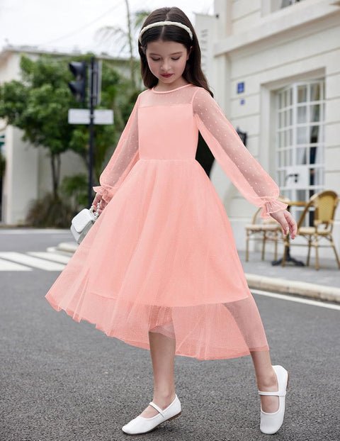 Arshiner Girls Dresses Contrast Mesh Long Sleeve Twirly Formal Dress