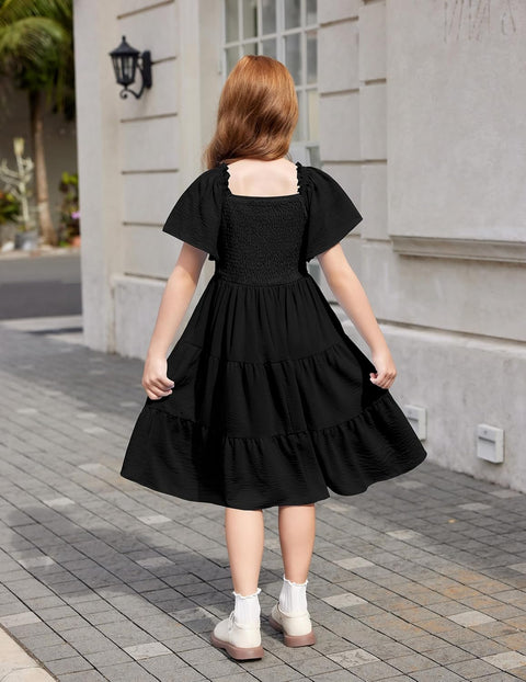 Arshiner Girls Dress Boho Smocked Swing Flowy Ruffle Midi Dresses