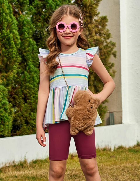 Arshiner Girls 2 Piece Outfit Ruffle Sleeve Peplum Top And Biker Shorts Set