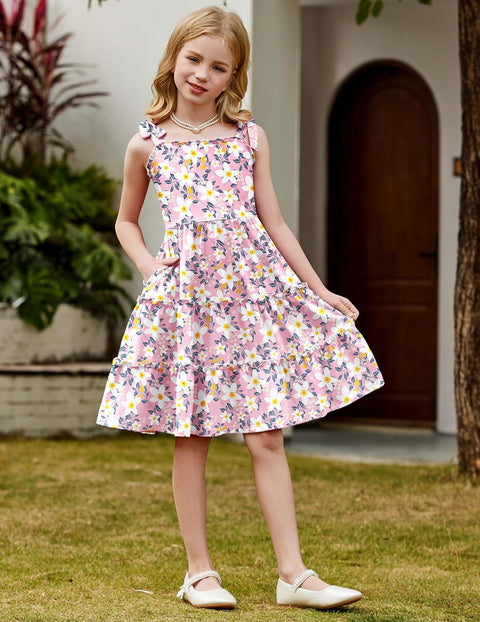 Arshiner Girls Dress Tween Boho Bowknot Strap Swing Flowy Dress
