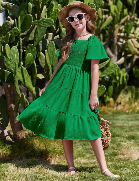Arshiner Girls Dress Boho Smocked Swing Flowy Ruffle Midi Dresses