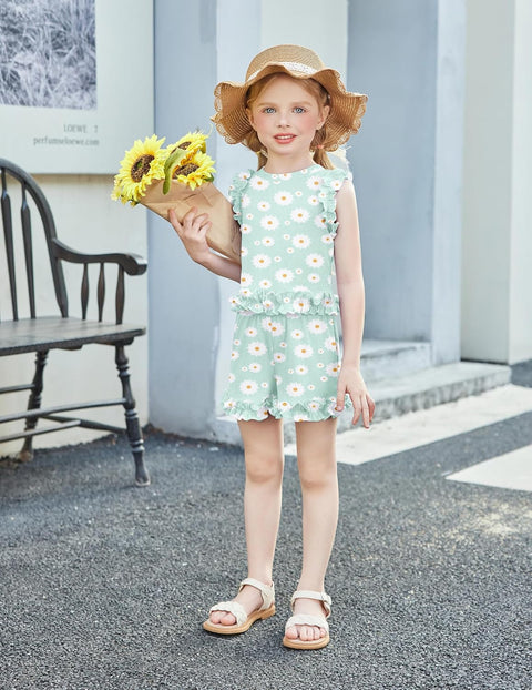 Arshiner Toddler Girls Clothes Ribbed Knit Ruffle Sleeveless Tops and Shorts with Pockets Cute Summer 2 Pieces Short Sets